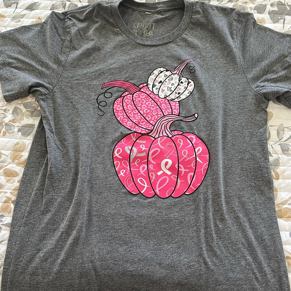 Fall, Breast Cancer Awareness T-Shirt, Gray and Pink, Size Medium